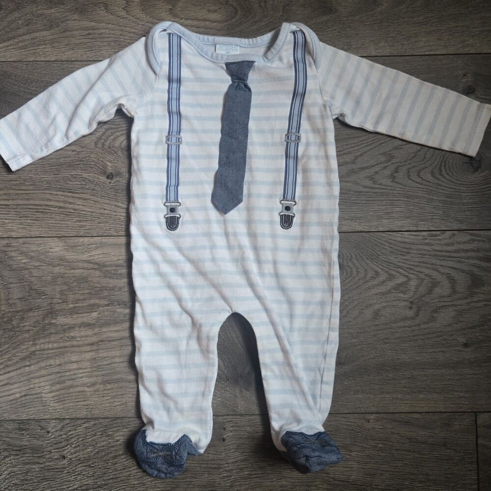 Edgehill Collection Baby Boy 3M Footie Sleeper Faux Tie Suspenders Striped Blue